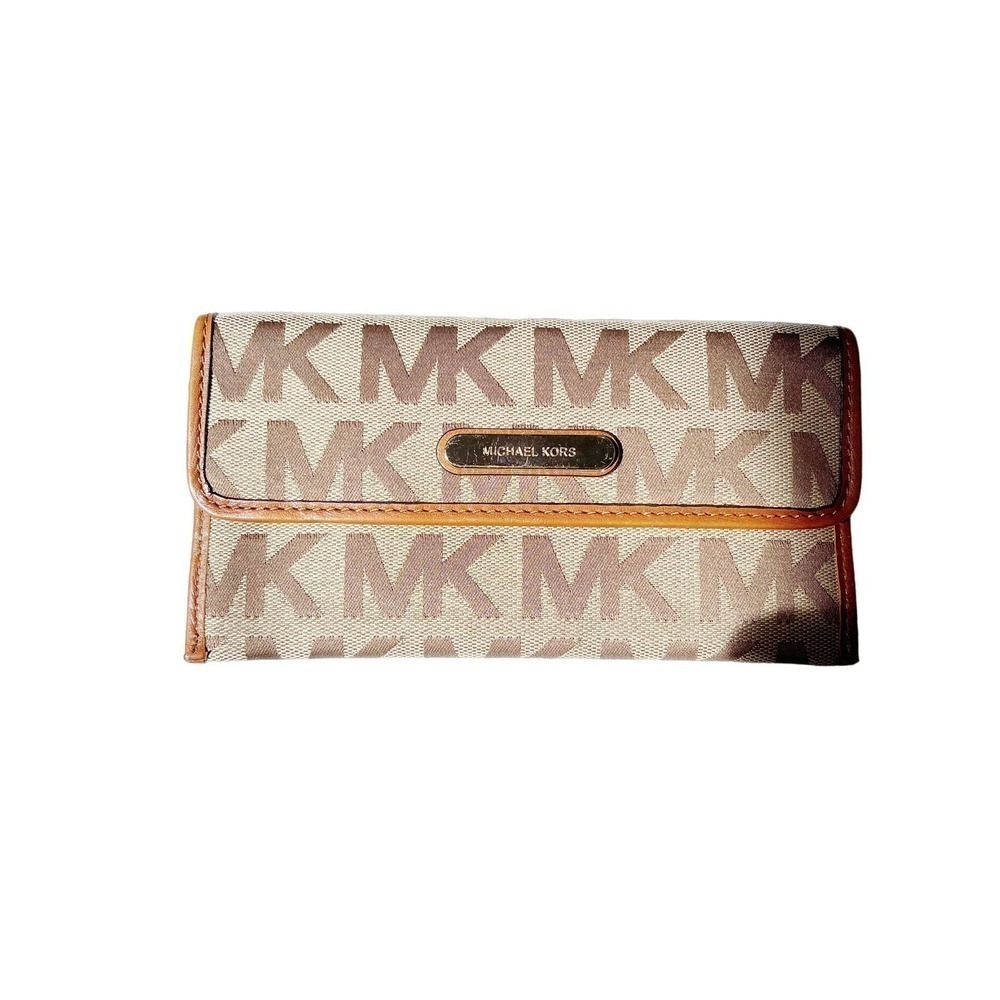 Michael Kors Printed Logo Folded Wallet Brown Leather Trim